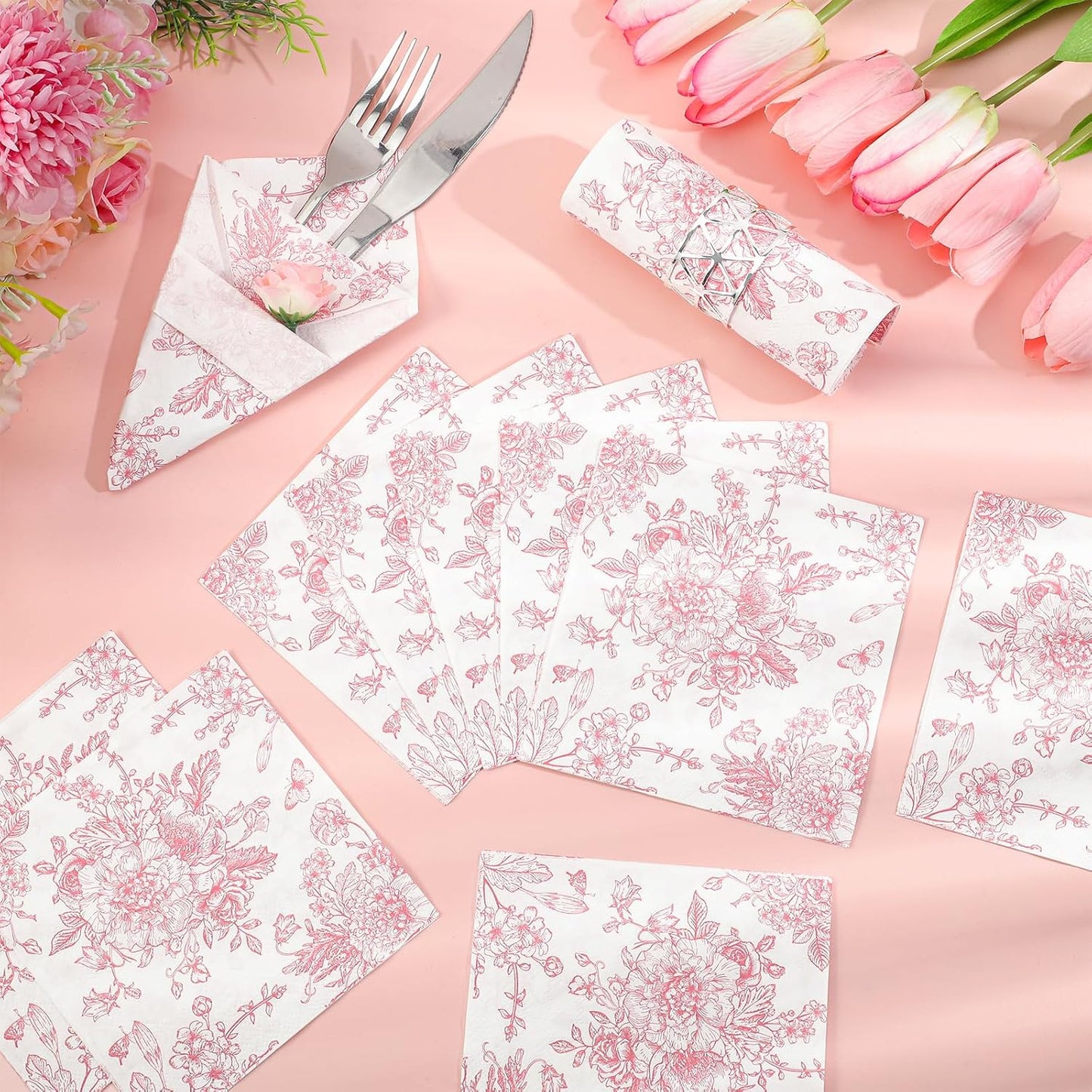 100 Pcs Pink Floral Napkins, Pink and White Toile Cocktail Napkins Vintage Flower Butterfly Design Cute Decoupage Napkin for Wedding, Bridal Baby Shower, Tea Party, 5 x 5 Inch