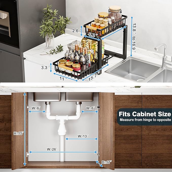 Under Sink Organizers, 2 Tier Pull Out Under Cabinet Organizer，Height Adjustable Pull Out Cabinet Drawers, Metal Sliding Drawer for Kitchen Bathroom Pantry Cabinet Closet Organization Rack，1 Pack