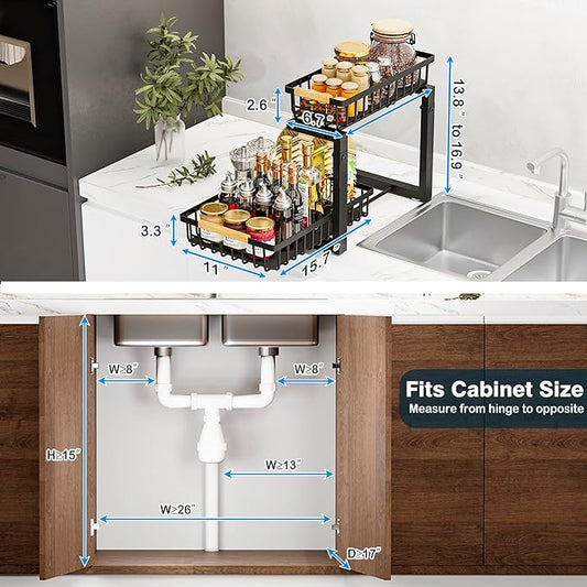 Under Sink Organizers, 2 Tier Pull Out Under Cabinet Organizer，Height Adjustable Pull Out Cabinet Drawers, Metal Sliding Drawer for Kitchen Bathroom Pantry Cabinet Closet Organization Rack，1 Pack