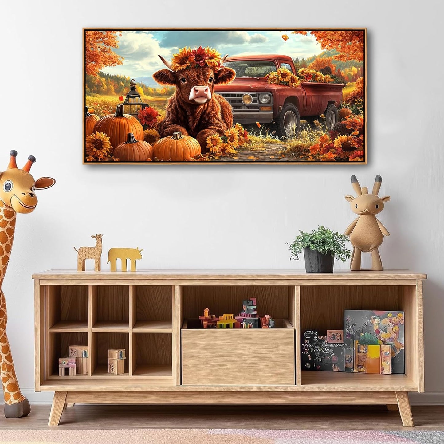 QZQCBLC Large Fall Wall Art - Orange Retro Farm Landscape Paintings Artwork Red Truck Cute Cow Pumpkins Sunflowers Rustic Autumn Canvas Picture for Living Room Bedroom Office Home Decor 24"X48"
