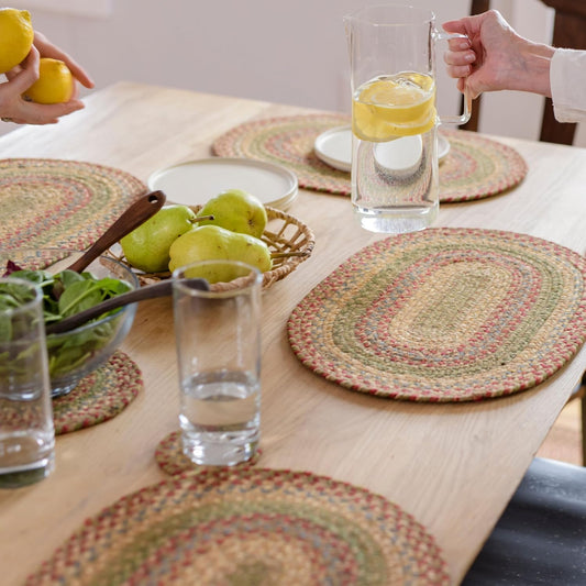 Homespice Azalea Jute Braided Oval Placemats, Warm Country Primitive Decor, Set of 6, 13x19 Multicolor Table Mats - Vibrant Colors, Durable, Easy to Clean and Protects Furniture