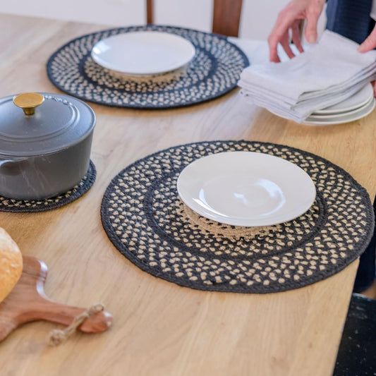 Manchester Jute Woven Round Placemats Set of 6, 15", Country Primitive Decor, Black and Tan Table Mats - Vibrant Colors, Durable, Easy to Clean and Protects Furniture