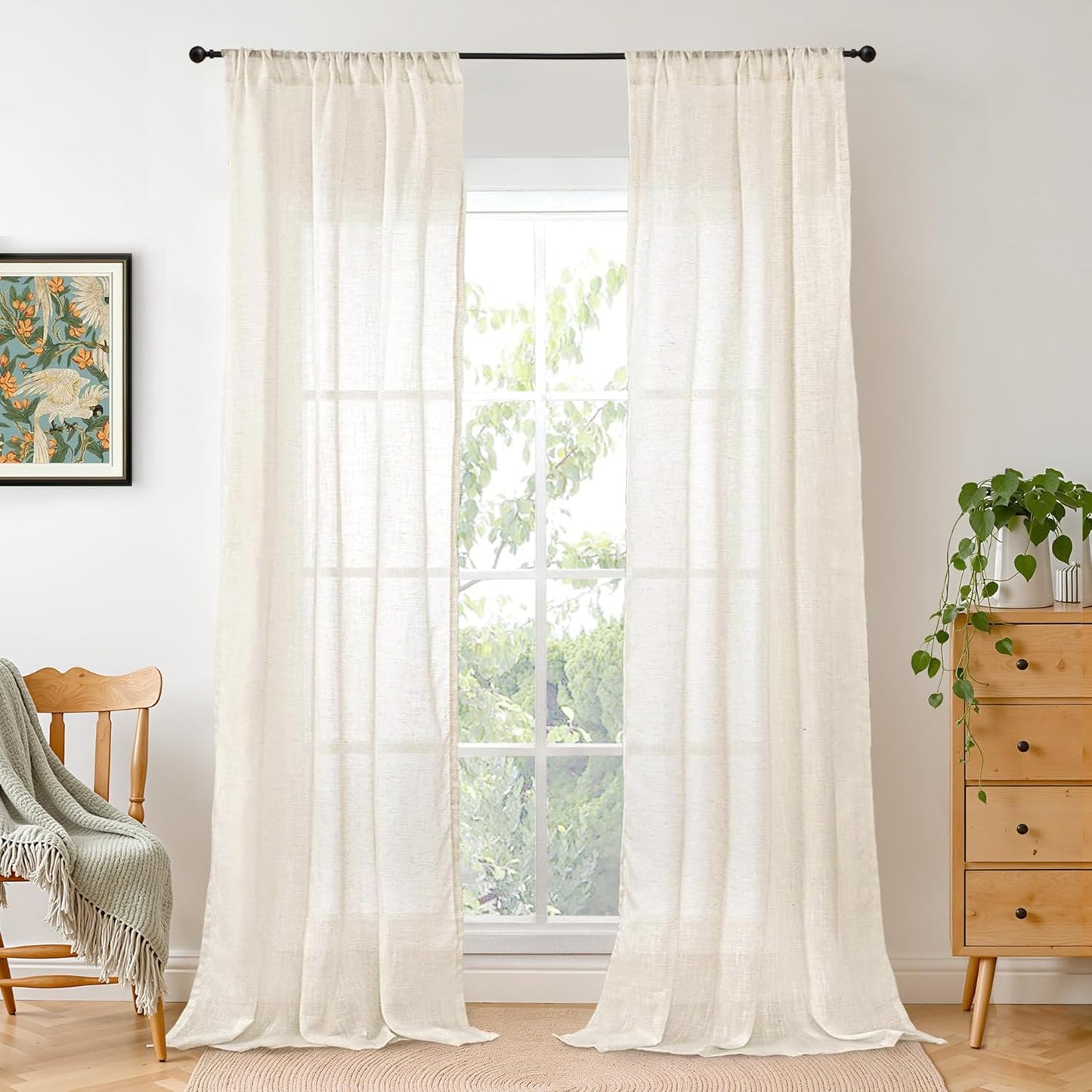 BGment Light Beige Linen Curtains for Living Room 84 Inch Length, Semi Sheer Lightweight Rustic Country Window Drapes Textured for Bedroom Farmhouse Decor Rod Pocket, 2 Panels Set, Each 38 Inch Wide