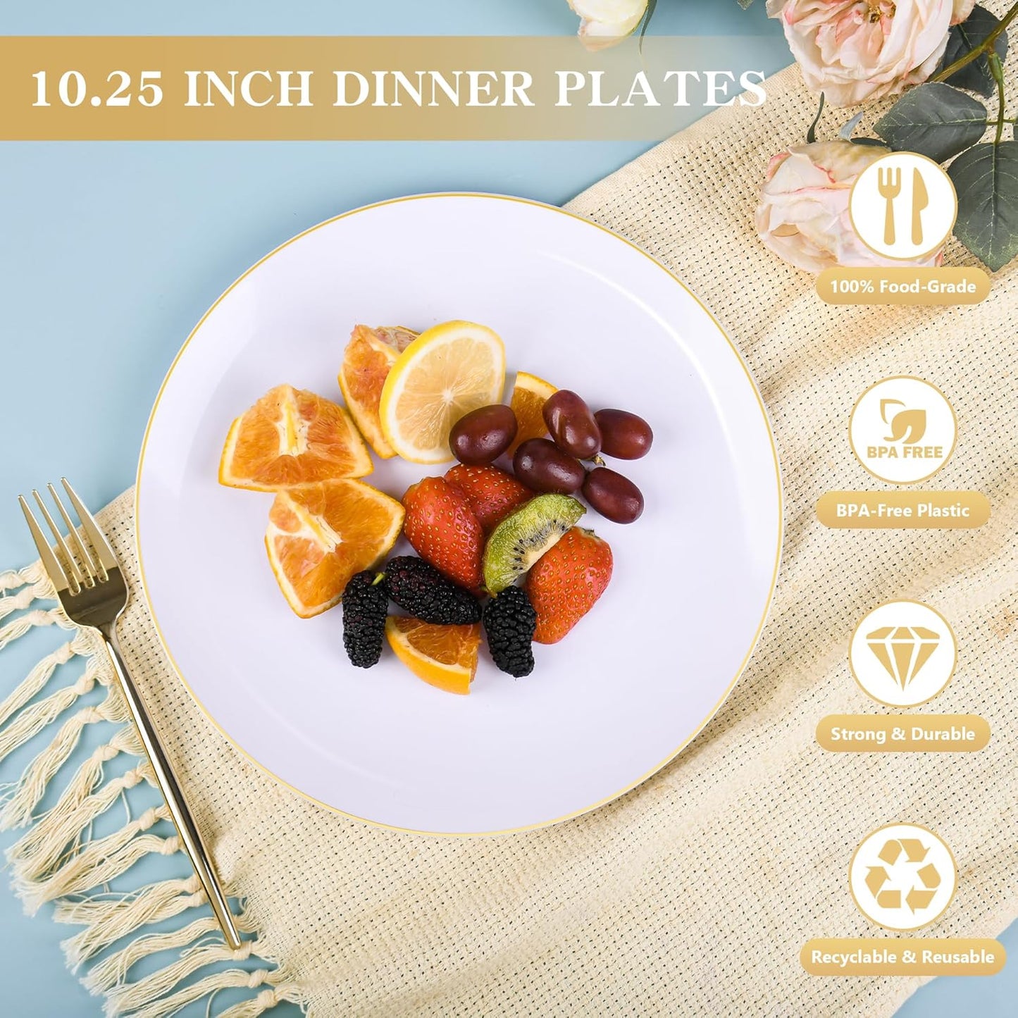 I00000 150PCS White and Gold Plastic Plates with Disposable Silverware for 30 Guests,White Plastic Plates Set Include 30 Dinner Plate,30 Dessert Plate,90 Gold Cutlery for Wedding & Party