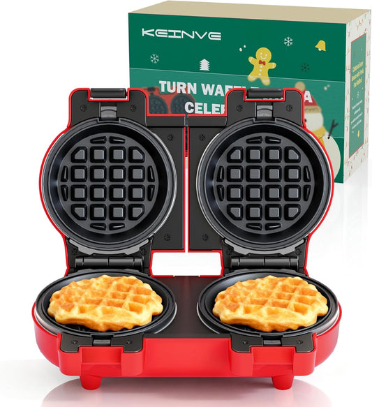 4" Waffle Maker with Removable Plates, 2-in-1 Nonstick Waffle Maker, Independent Dual Heating, Compact Design for Festive Family Breakfasts (228AK)