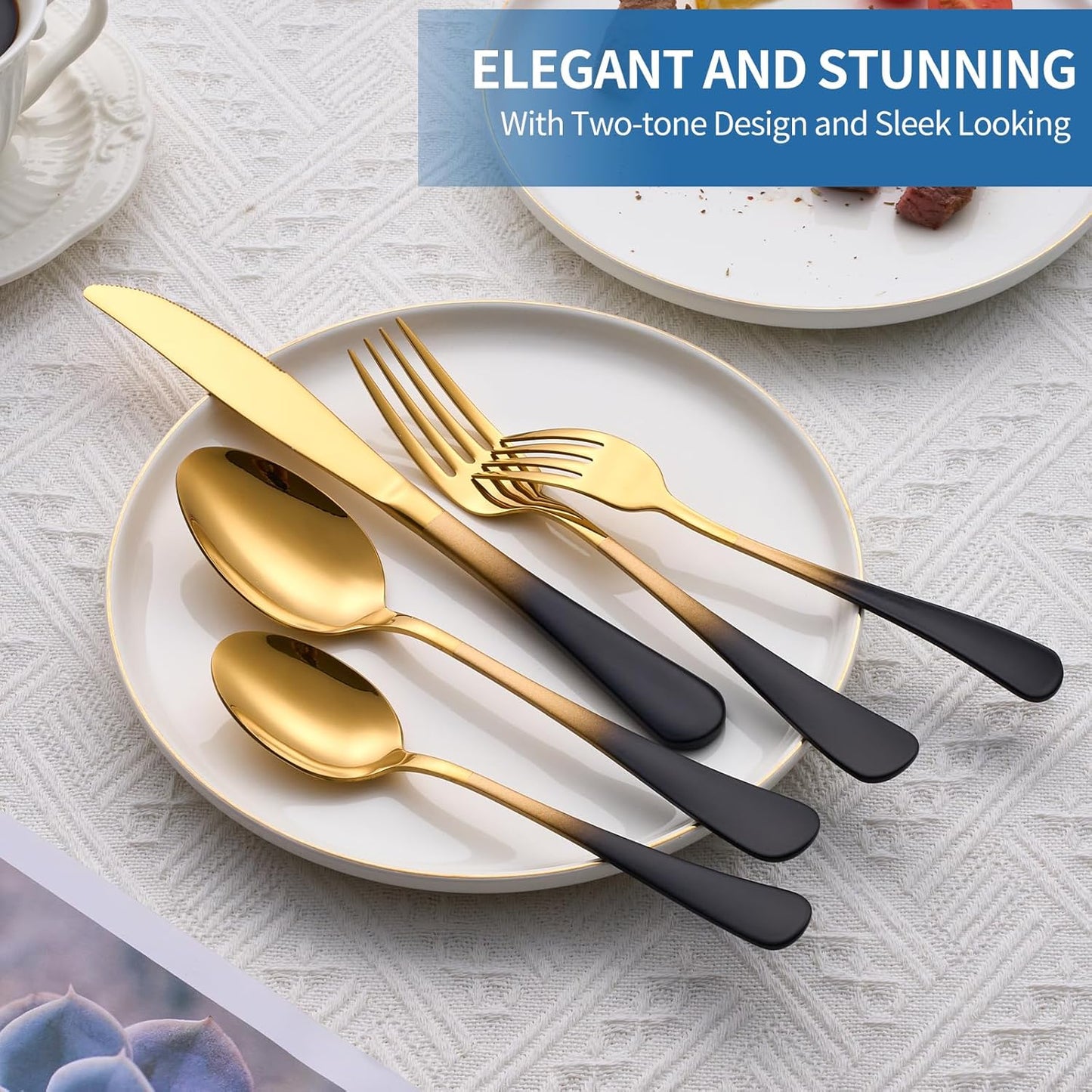 20-Piece Black Gold Silverware Set, 18/0 Stainless Steel Colorful Handle Flatware Set,Service for 4,Modern Cutlery Set Includes Dinner Knives Forks Spoons,Mirror Polished,Dishwasher Safe