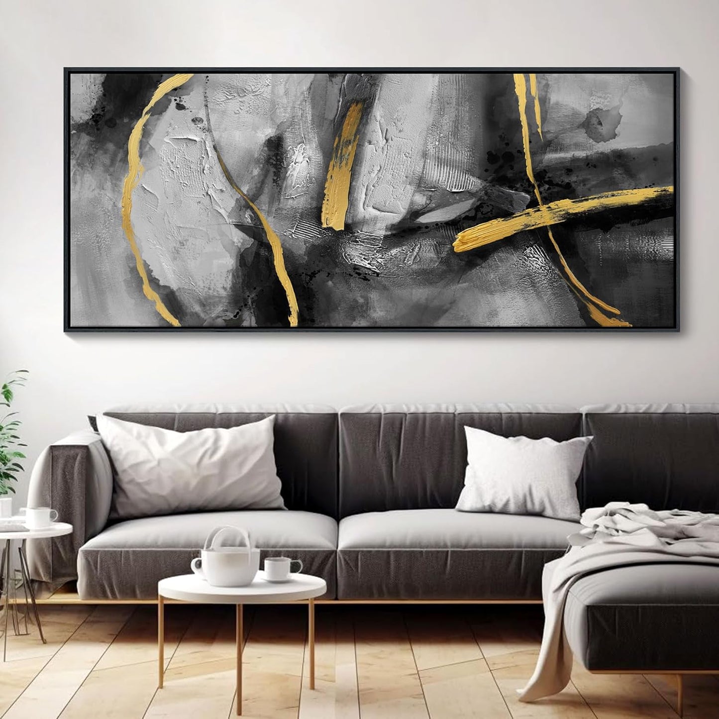 CHATYOUNG Abstract Black Gray Gold Large Canvas Wall Art, Hand-Painted Golden Line Wall Paintings Framed Artwork for Living Room Bedroom Cafe Above Sofa Office Extra Large Home Decor 32"X71"