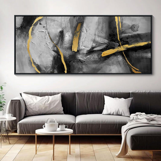 CHATYOUNG Abstract Black Gray Gold Large Canvas Wall Art, Hand-Painted Golden Line Wall Paintings Framed Artwork for Living Room Bedroom Cafe Above Sofa Office Extra Large Home Decor 32"X71"