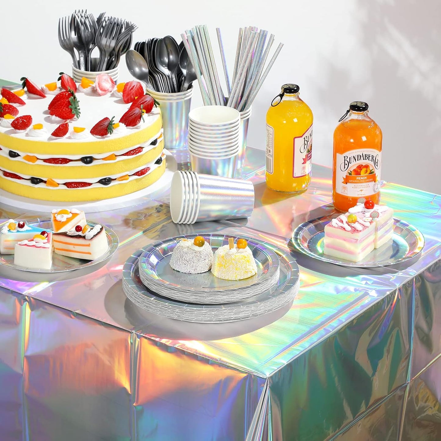 Iridescent Paper Plates and Napkins Set, Disposable Iridescent Paper Plates Cups Knives Spoons Fork Straw for Mermaid Birthday Wedding Party, Serve 100