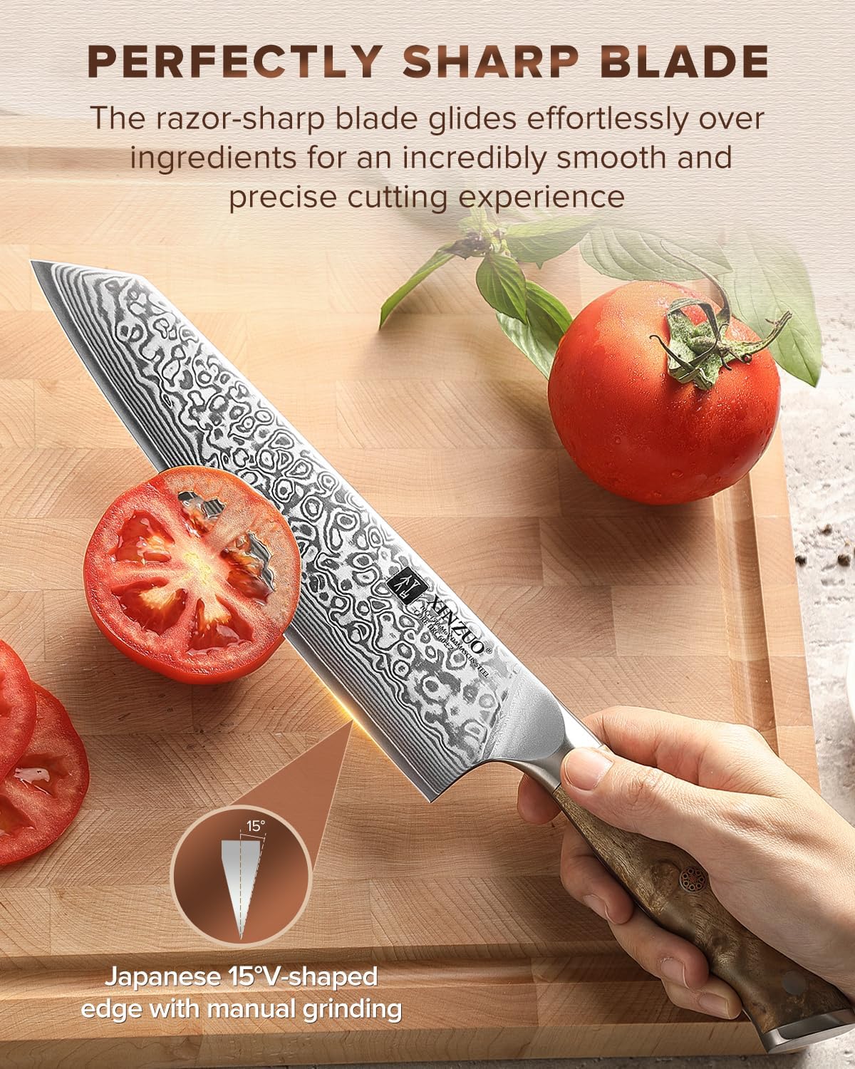 XINZUO Damascus 8.3 Inch Kiritsuke Chef Knife,Hand Forged High Carbon Steel Sharp Kitchen Cutting Knife,Comfortable Ergonomic Full Tang Figured Sycamore Wood Handle