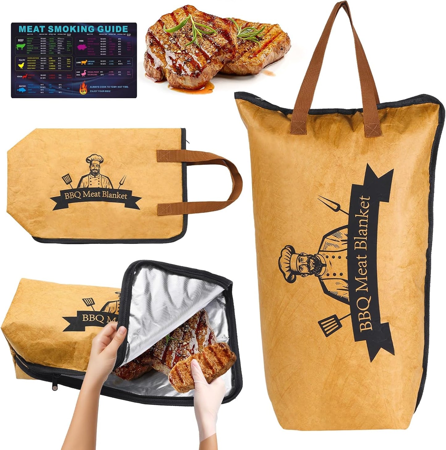 BBQ Blanket for Resting Meat, Reusable Smoker Meat Resting Blanket with Grilling Guide, Wide Mouth Smoker Grilling Meat Insulated Resting Bag for Longer Lasting Flavor and Juiciness (BBQ Blanket 21")