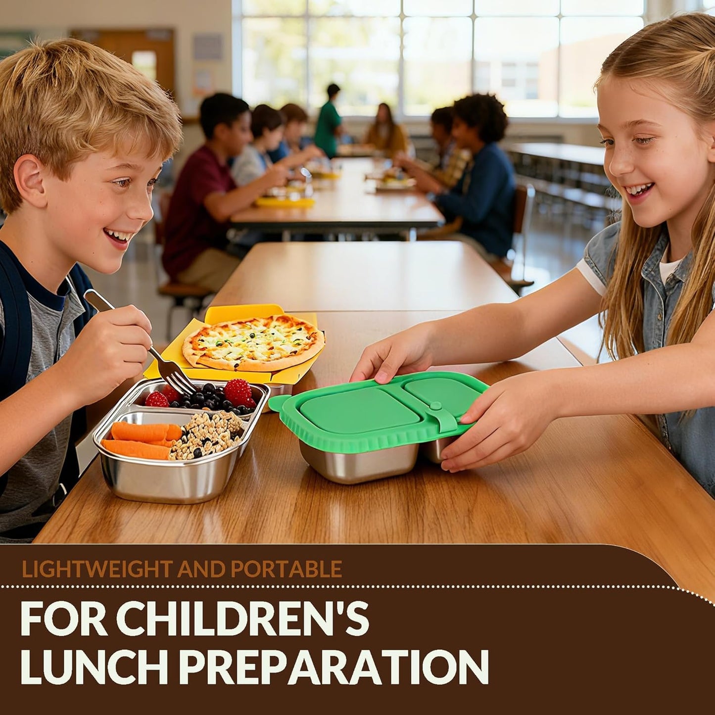 HI-REEKE 13 OZ Stainless Steel Snack Containers with Lids, 4 PCS Reusable Double Compartments Metal Snack Packs for Sauce