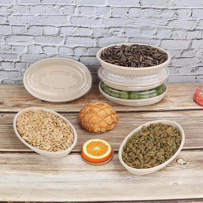 18 oz Oval Disposable bowls with lids,Sugarcane Salad Bowls take away food containers Plant Fibers 50 Pack