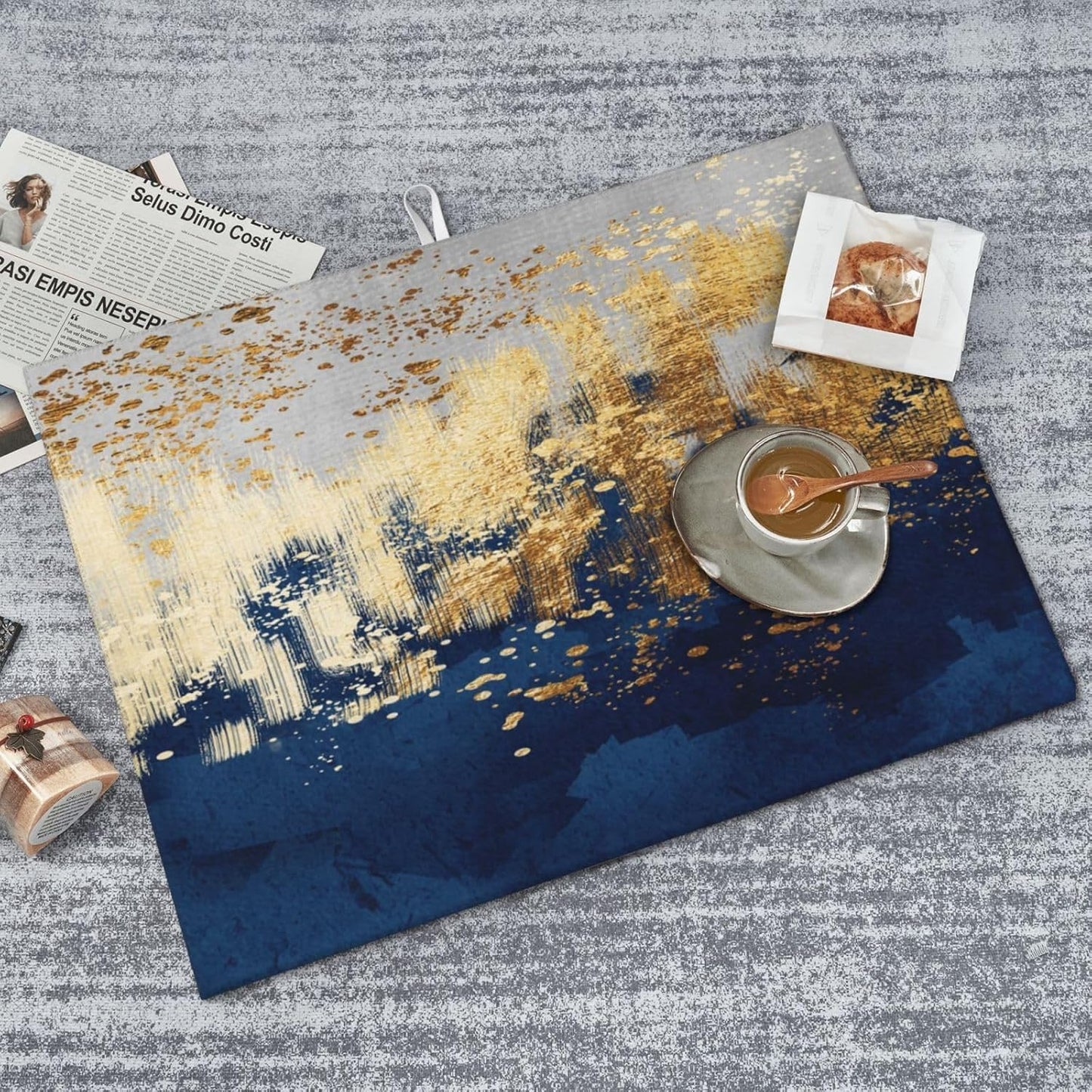 Navy Blue Gold Abstract Art Dish Drying Mat for Kitchen Counter, Absorbent Microfiber Drying Pad for Dishes, 18" x 24" Washable Foldable Modern Kitchen Mat for Dining Area & Home Decor, Blue Gold