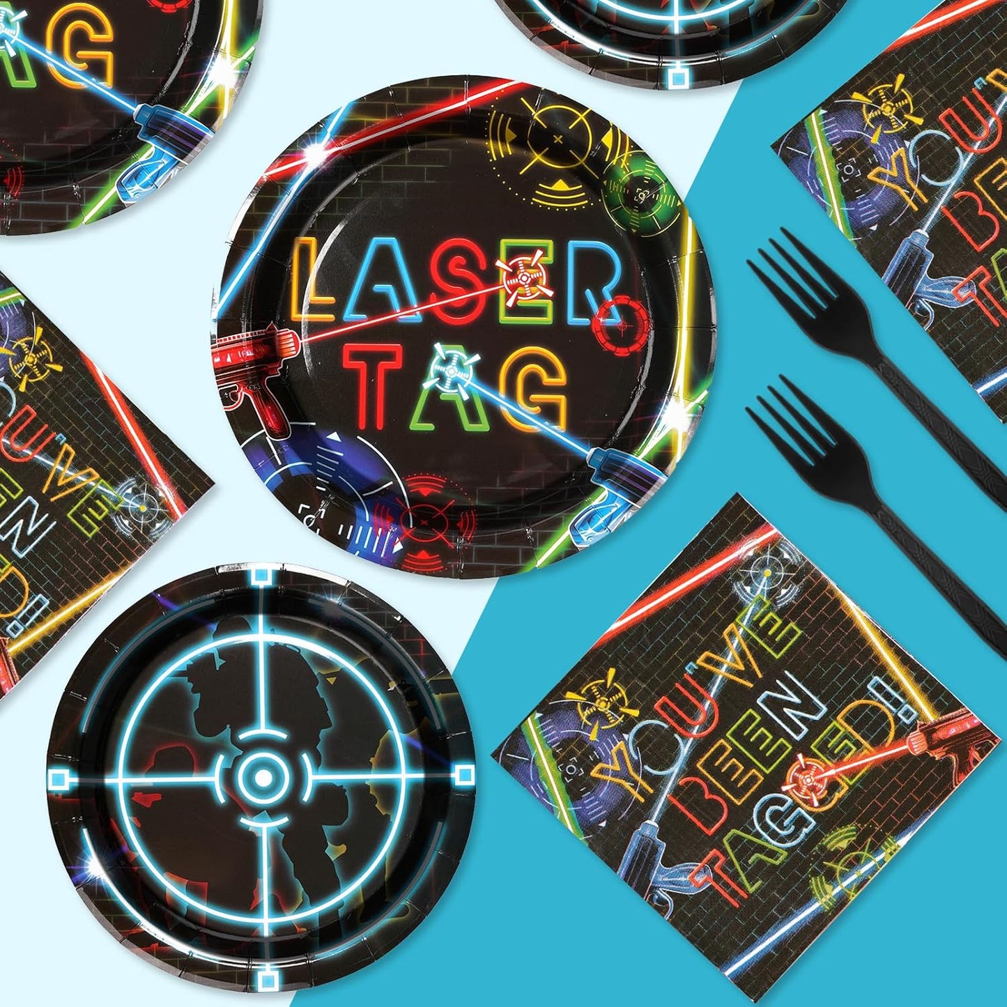 96 Pcs Laser Tag Party Supplies Disposable Glow Neon Plates Napkins Forks Tableware Set Laser Tag Party Favors for Kids Boys Girls Neon Glow Shooting Game Laser Tag Birthday Decorations Serves 24
