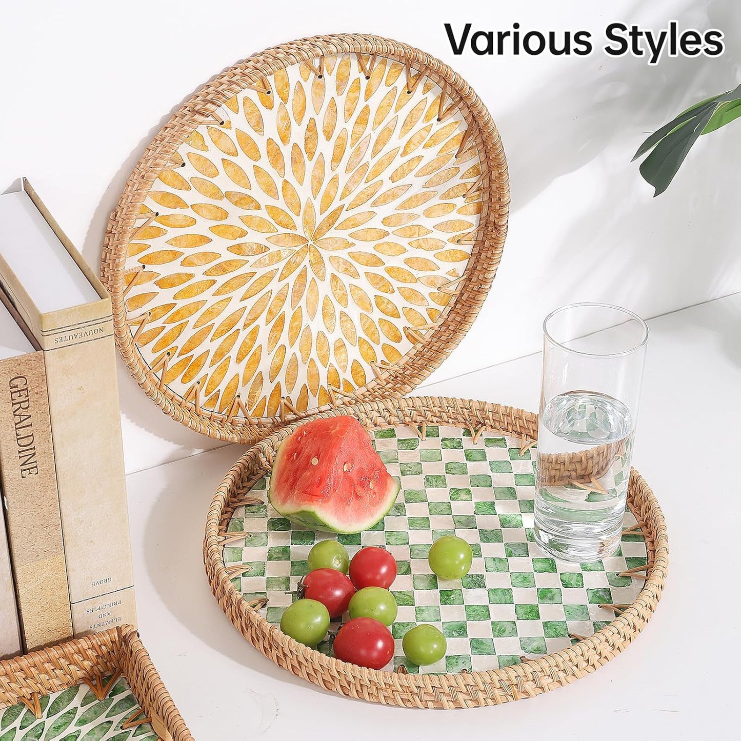 Round Rattan Tray with Mother of Pearl Inlay, Rattan Serving Tray for Coffee, Bread, Fruits, Decorative Wicker Tray for Table Decor, Home Decor, Kitchen Island Decor(Green Checkerboard, 11.8")