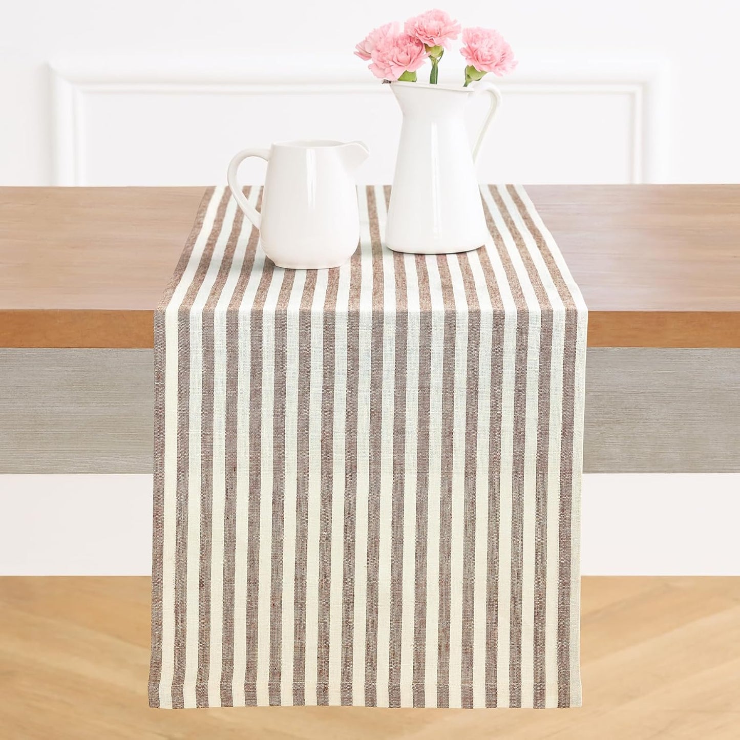 Solino Home Linen Table Runner 36 Inches - Amalfi Stripe 100% Pure Linen Brown and Cream Farmhouse Table Runner 14 x 36 Inch Ideal for Dresser and Coffee Tables - Fall, Autumn, Thanksgiving