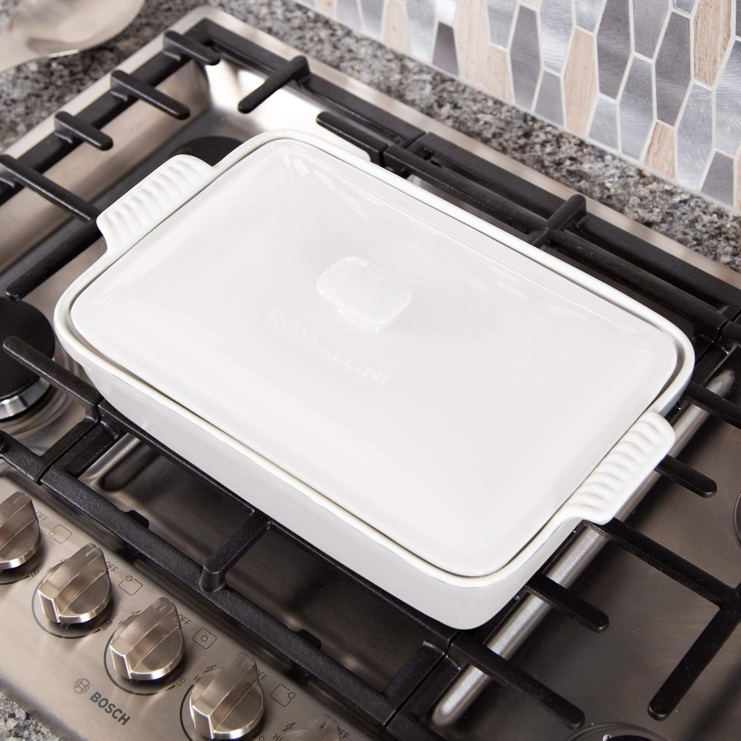 Stoneware Casserole Dish Bakeware Set with Lid, Covered Rectangular Dinnerware, Extra Large 4.23 Quart, 13 by 9 Inch, Bianco [White]