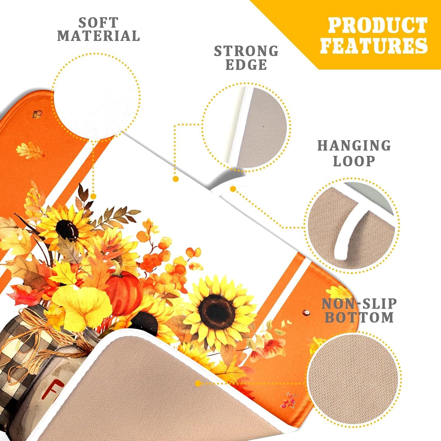 Fall Sunflower Dish Drying Mat for Kitchen Counter -Thanksgiving Autumn Flower Maple Leaves Bouquet Vase Absorbent Fast Dry Dishes Drainer Rack Mat Protector Pad 18x16in