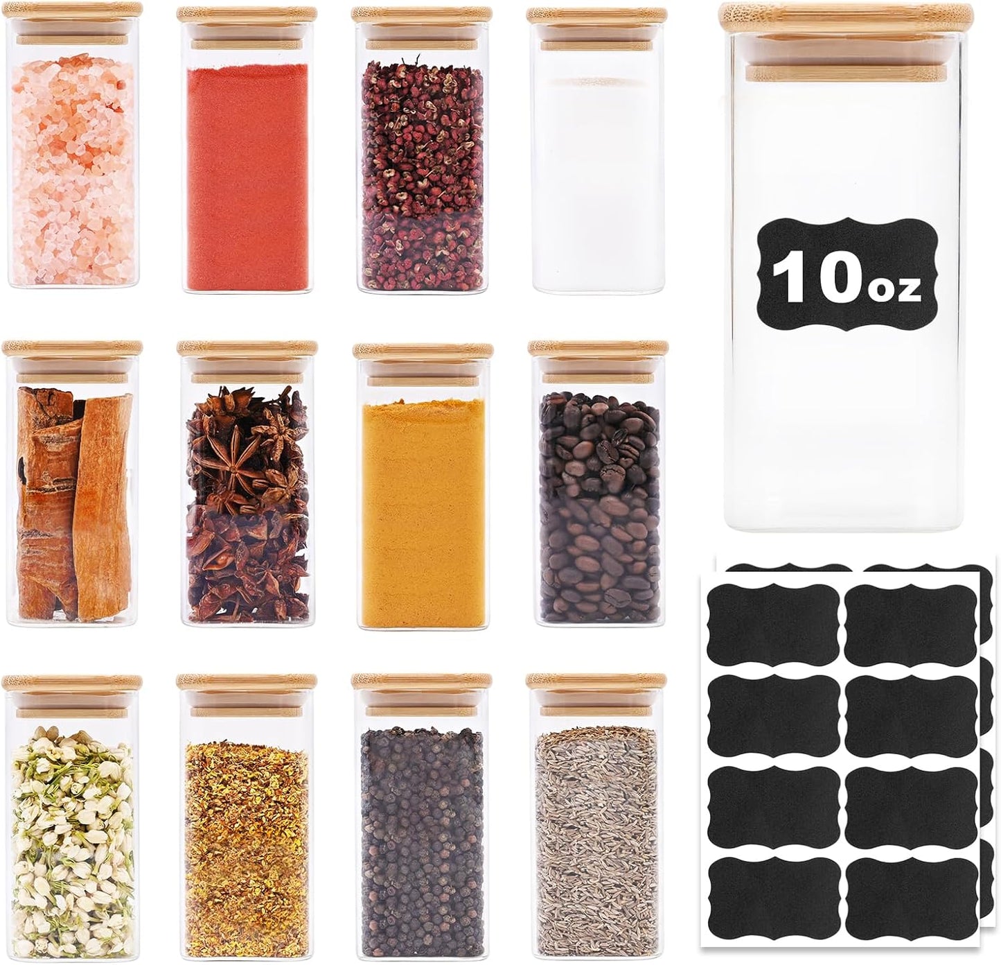 Glass Food Storage Jars Square 10oz, 12 Pack Glass Jars With Bamboo Lids, Kitchen Storage Containers For Spice, Candy, Cookie, Storage For Pantry Organizers