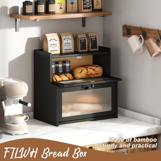 FILWH Bread Box for Kitchen Countertop Double Layer Large Corner Bread Box Capacity Bread Storage Bin Farmhouse Breadbox Container Organizer Cabinet Cupboard Black
