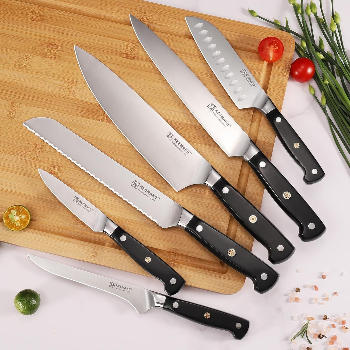 KEEMAKE Chef Knife Set, 6PCS Ultra Sharp Kitchen Knives with Ergonomic Handle, High Carbon Stainless Steel Kitchen Knife Set, Forged Cooking Knife Set for Slicing Meat Vegetable Bread And Fruit