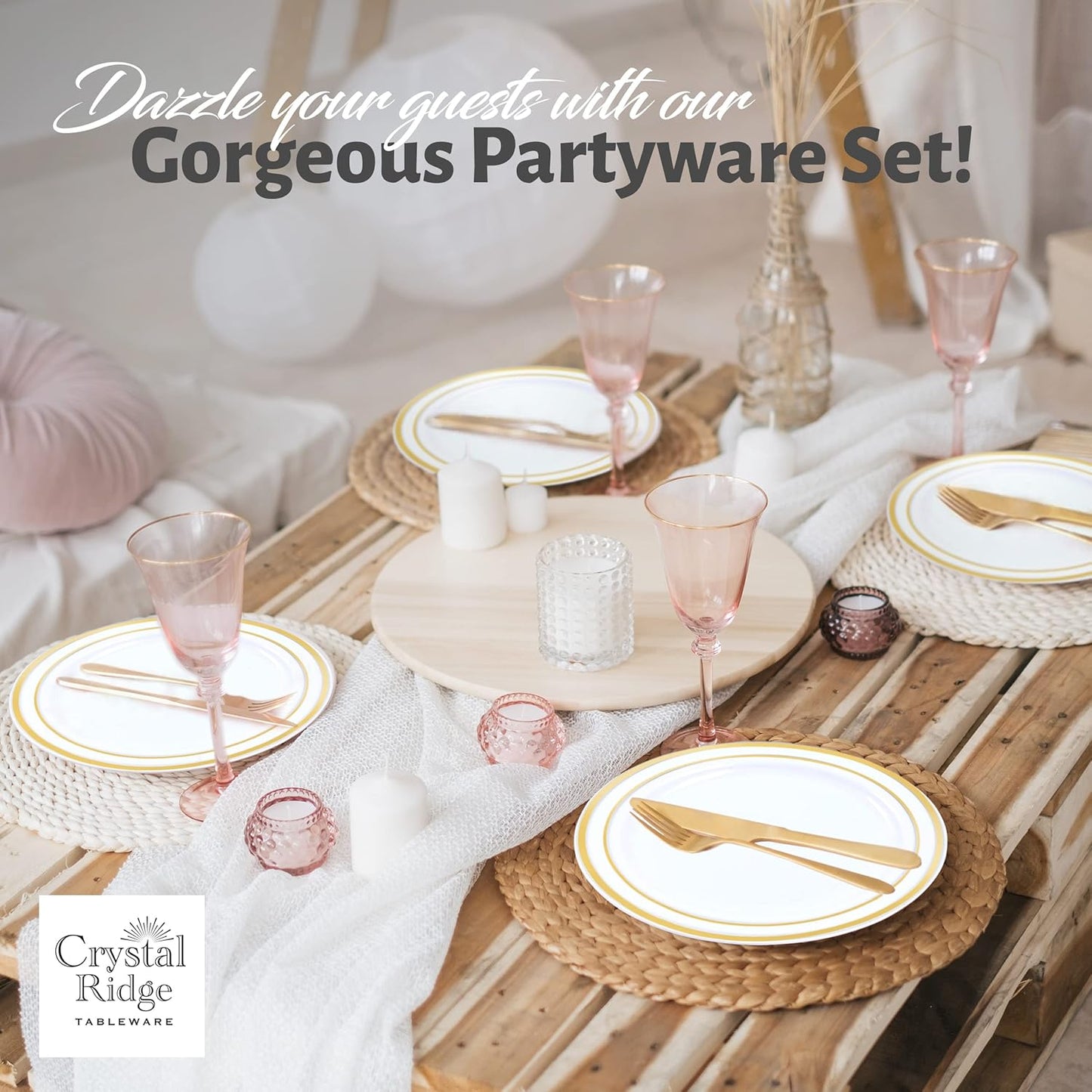 120-Piece Salad Plastic Plates Set - Premium Disposable Plates for Party, Wedding - White with Gold Rim