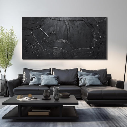 HUBOSKN Minimalist Artwork Wall Decor For Living Room Black Abstract Painting Wall Art For Office Huge 3D Canvas Wall Art For Hotel Size 40 x 80 Inch