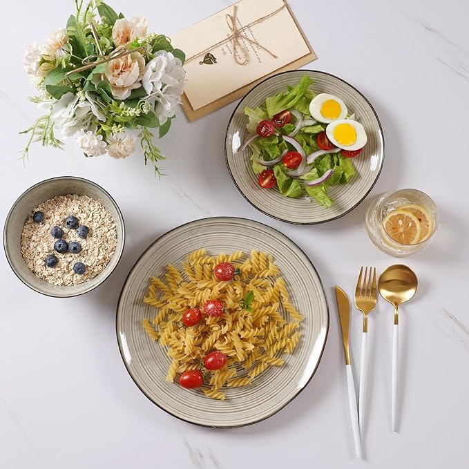 famiware Tempus Plates and Bowls Sets for 6, 18 Pieces Stoneware Dinnerware Sets, Dishes Set, Reactive Glaze Dishware Sets, Dishwasher & Microwave Safe - Castle Wall