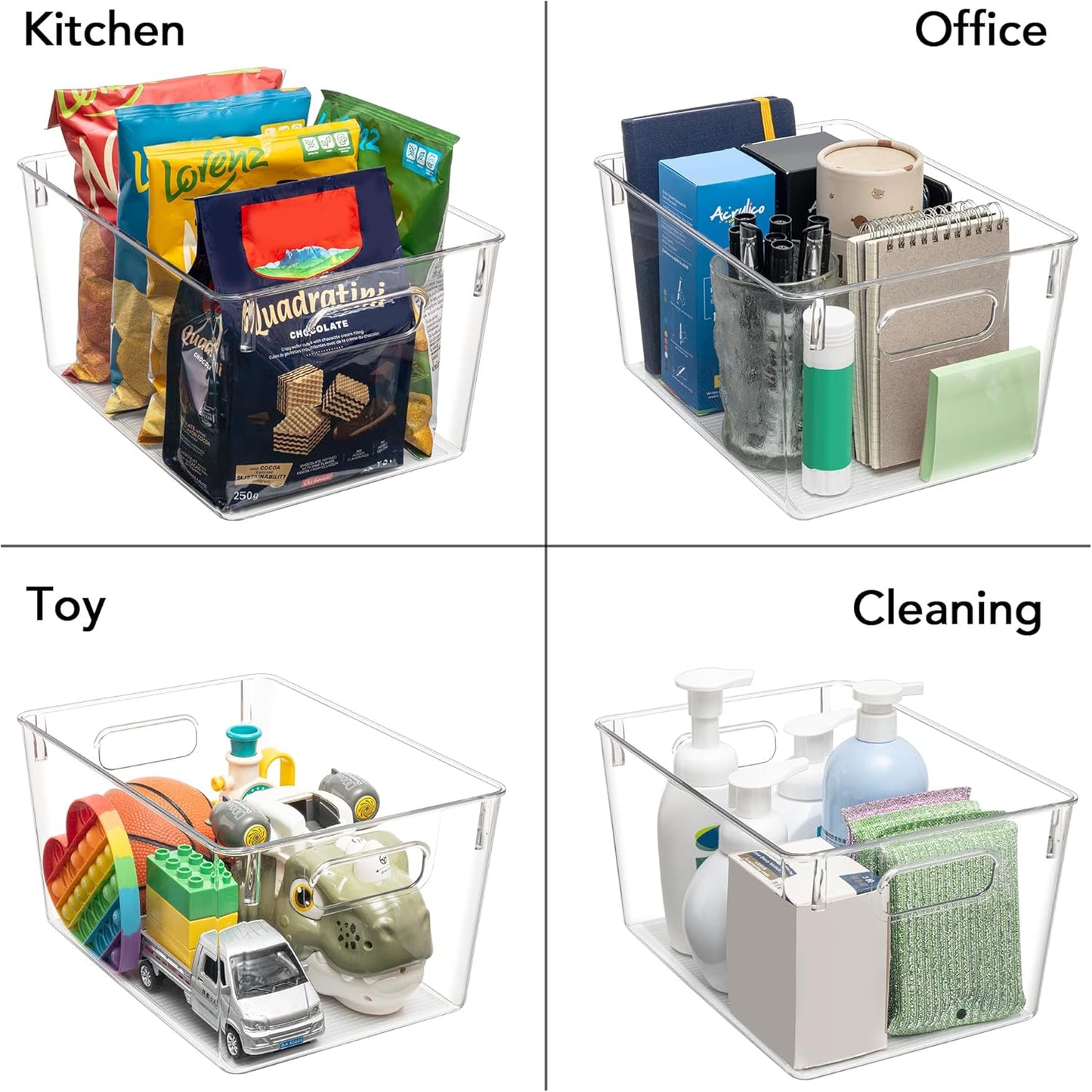 Tiawudi Set of 10 Clear Plastic Storage Bins, 4 Large and 6 Small Stackable Storage Containers for Pantry Organization, Organizer Bins for Home, Kitchen, Bathroom, Office, Cabinet Shelf Organizers