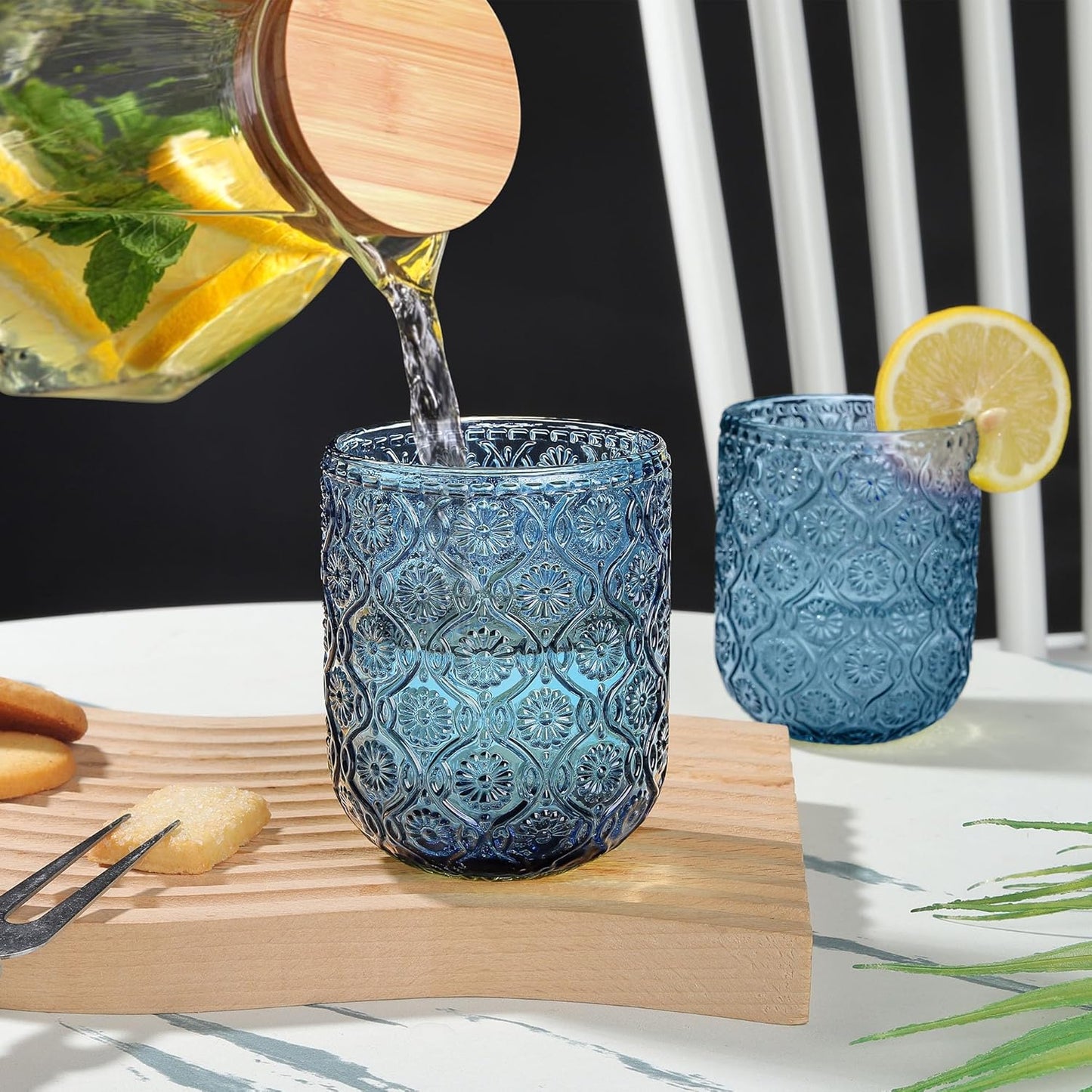 Joeyan Small Blue Drinking Glasses,Vintage Embossed Floral Water Glass Tumbler Cups,Colored Beverages Cocktail Juice Wine Glassware,9 oz,Set of 4,Dishwasher Safe
