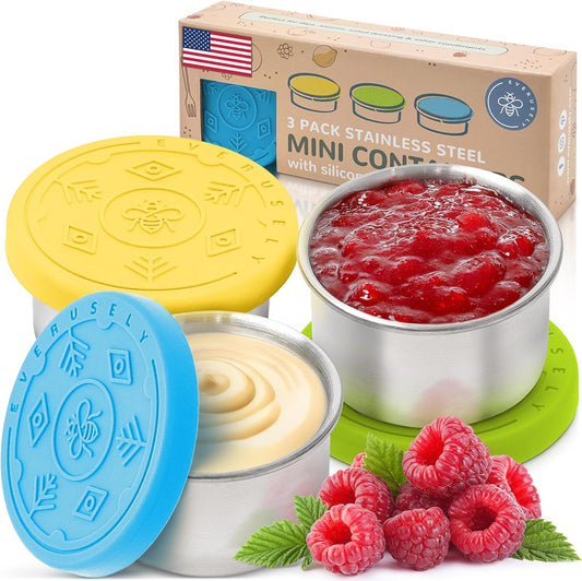 Everusely - Stainless Steel Food Containers - 3 Pack, Summer - Lunch Box - Snack Containers for Office, Home Food Storage - Leakproof with Silicone Lids - Dishwasher & Freezer Safe