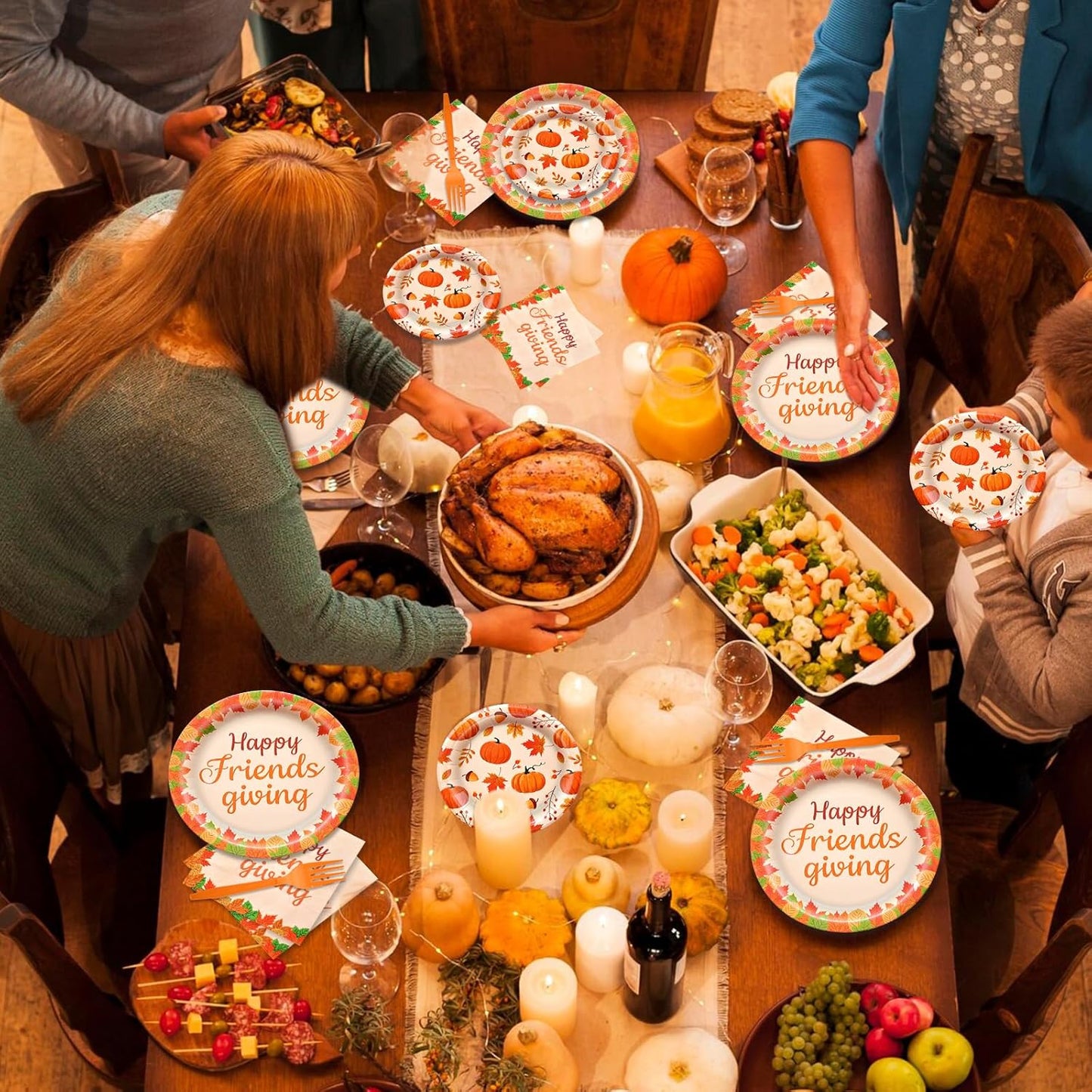 96 Pieces Happy Friendsgiving Tableware Set Party Supplies - Fall Thanksgiving Pattern Disposable Dinnerware with Paper Plates, Napkins, Forks for Autumn Harvest, Friendsgiving Dinner BBQ Picnic