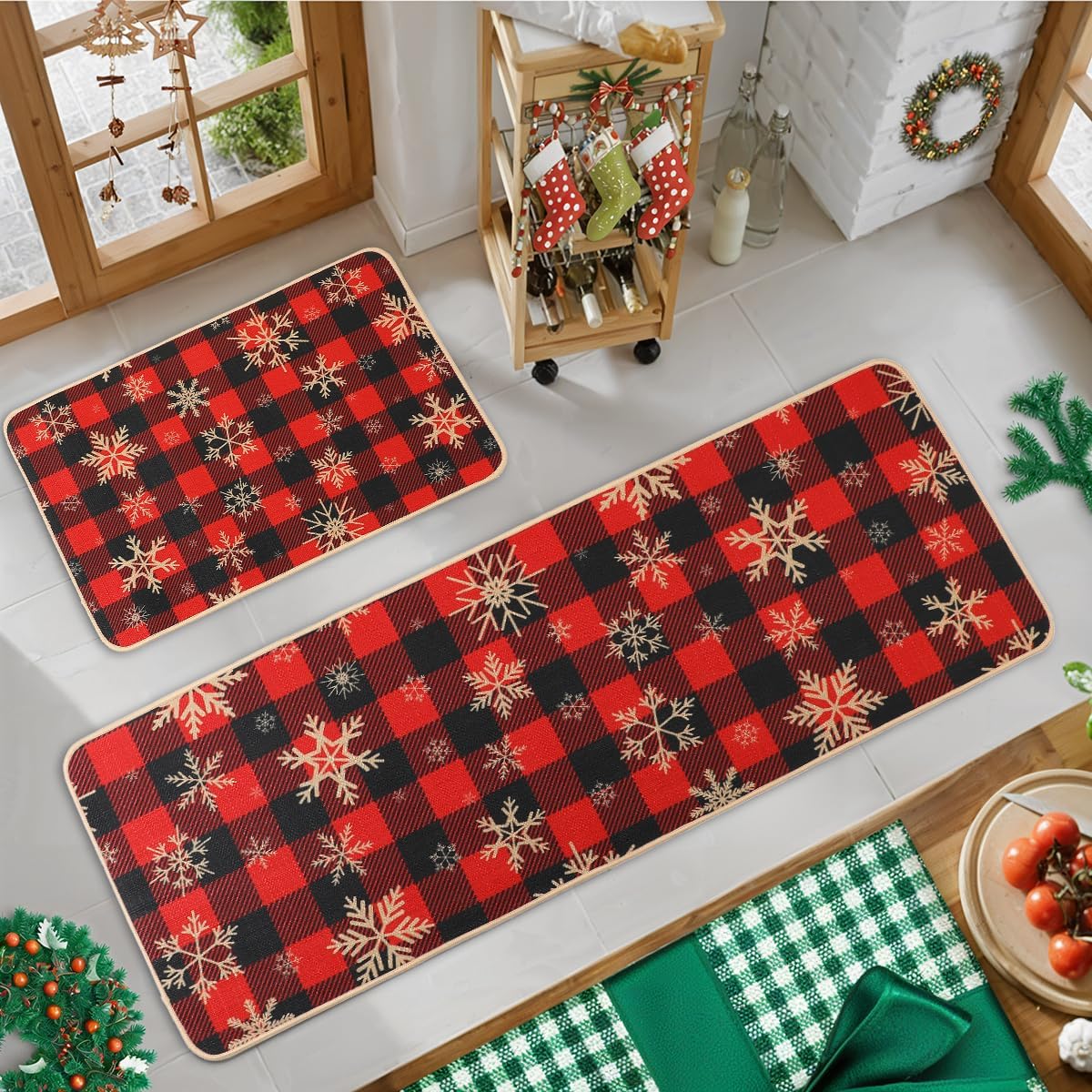 Larponder Christmas Snow Snowflake Kitchen Mats Set of 2, Non-Slip Absorbent Rug and Door Mats, Home Decor Kitchen Floor Rugs for Winter - 17x24 and 17x48 Inch