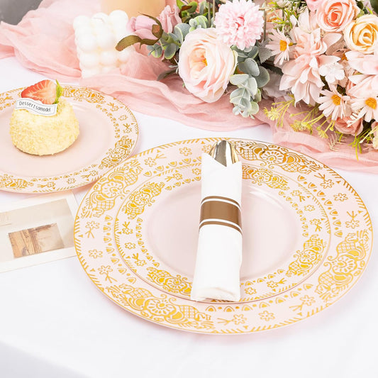 GATHER 350PCS Pink and Gold Plastic Plates - Gold Disposable Dinnerware Set Include 50 Dinner Plates, 50 Dessert Plates, 150 Plastic Silverware, 50 Napkins, 50 Cups for Party & Wedding