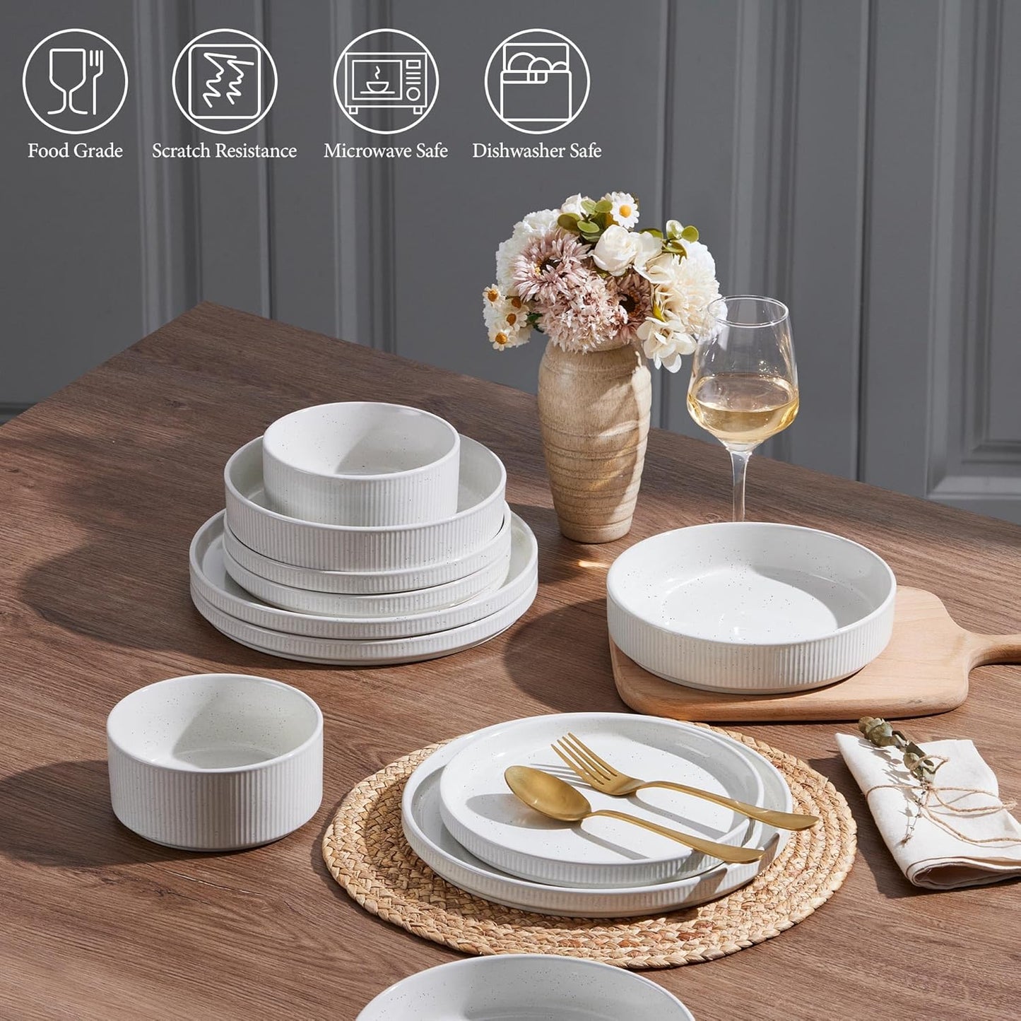 E-far 16 Piece Dinnerware Sets, Plates and Bowls with Pasta Bowls Service for 4, Modern Stoneware Ribbed Dishes for Kitchen Dining, Microwave & Dishwasher Safe, Speckled White