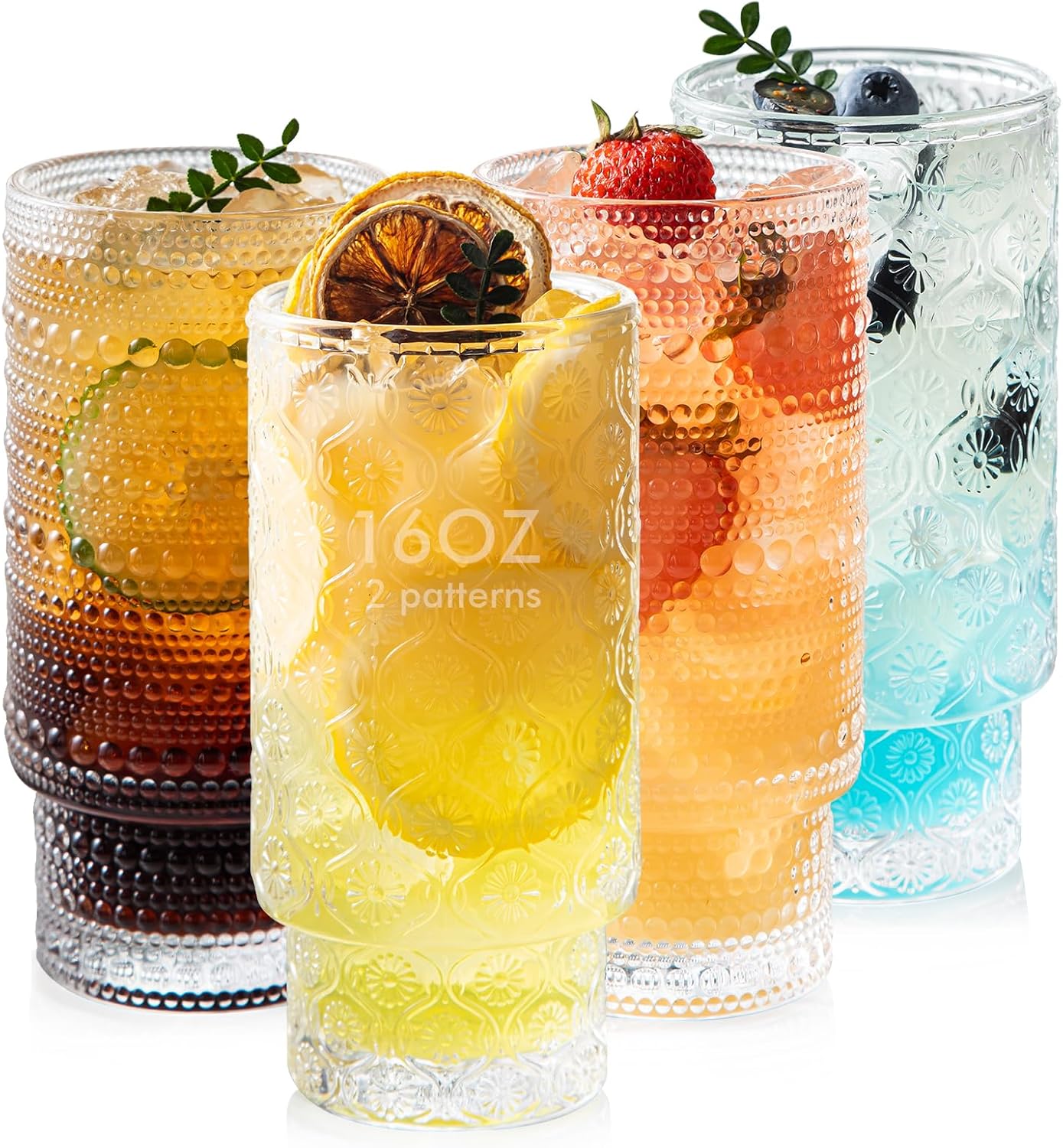 16oz Drinking Glasses Set of 4, 2 Hobnail Glasses & 2 Embossed Water Goblets, Flower Design Stackable Vintage Tumbler Glasses, Old Fashion Beaded Glass Cups for Cocktail, Iced Coffee, Beer