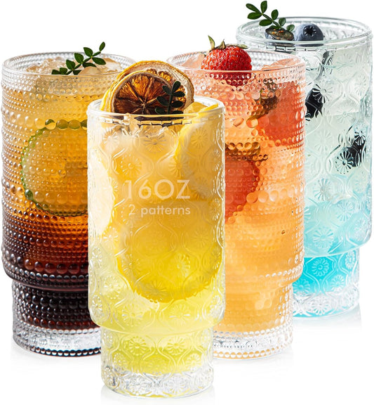 16oz Drinking Glasses Set of 4, 2 Hobnail Glasses & 2 Embossed Water Goblets, Flower Design Stackable Vintage Tumbler Glasses, Old Fashion Beaded Glass Cups for Cocktail, Iced Coffee, Beer