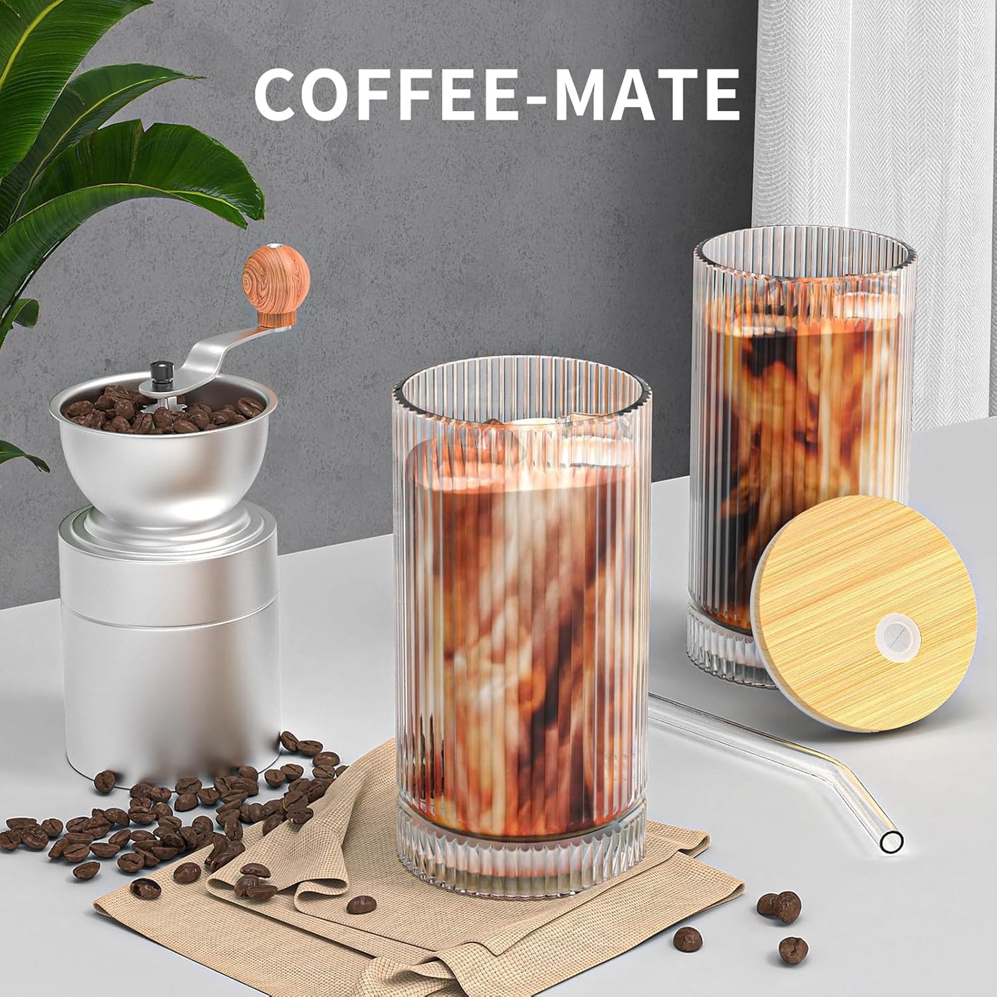 15 Oz Glass Cups with Straws, Vintage Glassware for Whiskey Cocktail Beer, Iced Coffee Cups and Drinking Glassare (4 PACK)