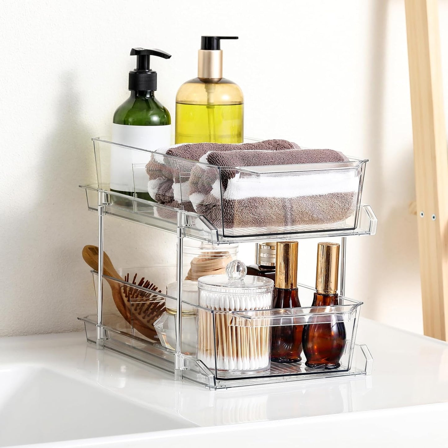 2 Tier Clear Organizer with Dividers for Cabinet, Shlef, Counter - MultiUse Slide-Out Storage Container - Kitchen, Pantry, Medicine Cupboard Bins, Bathroom, Vanity Makeup, Under Sink Organizing