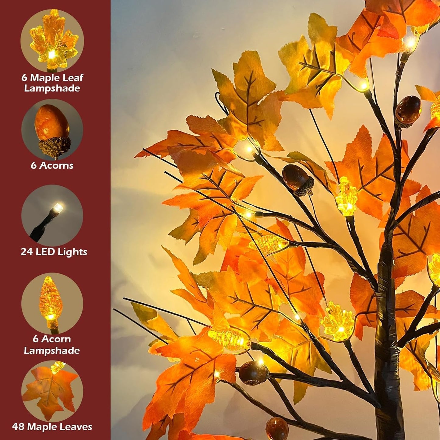 2 Pack 24 Inch Prelit Fall Maple Tree Decorations with 48 LEDs Timer Fall Battery Operated Lighted Artificial Pumpkin Acorn Light Up Maple Tree for Thanksgiving Harvest Table Home Indoor Decor