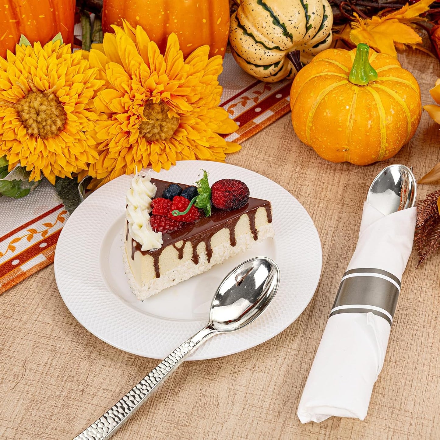 WELLIFE 50 Pack Silver Plastic Silverware with Pre Rolled Napkins,Wrapped Silverware Set Disposable,Includes:50 Forks, 50 Knives, 50 Spoons, 50 Napkins,Utensils Plastic Disposable