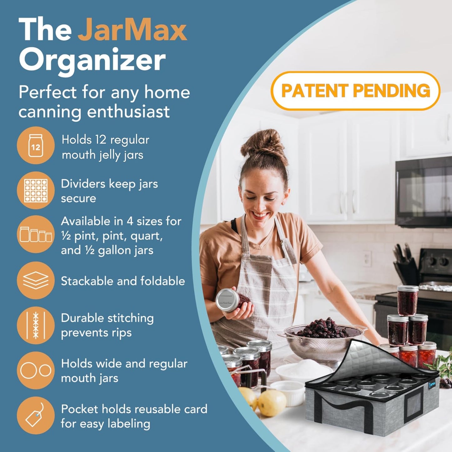 8oz 1/2 Pint Jelly Mason Jar Organizer, Sturdy Pantry Canning Jar Storage Containers, Holds 12 1/2 Pint Mason Jars, Foldable Canning Organizer, Stackable Home Storage Box w/Lid & Label holder