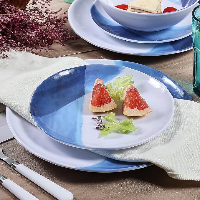 Melamine Plates and Bowls Set - 12pcs Dinnerware Dishes Set for 4, Dinner Plates for Indoor and Outdoor Use, Lightweight Break-resistant, Blue & White