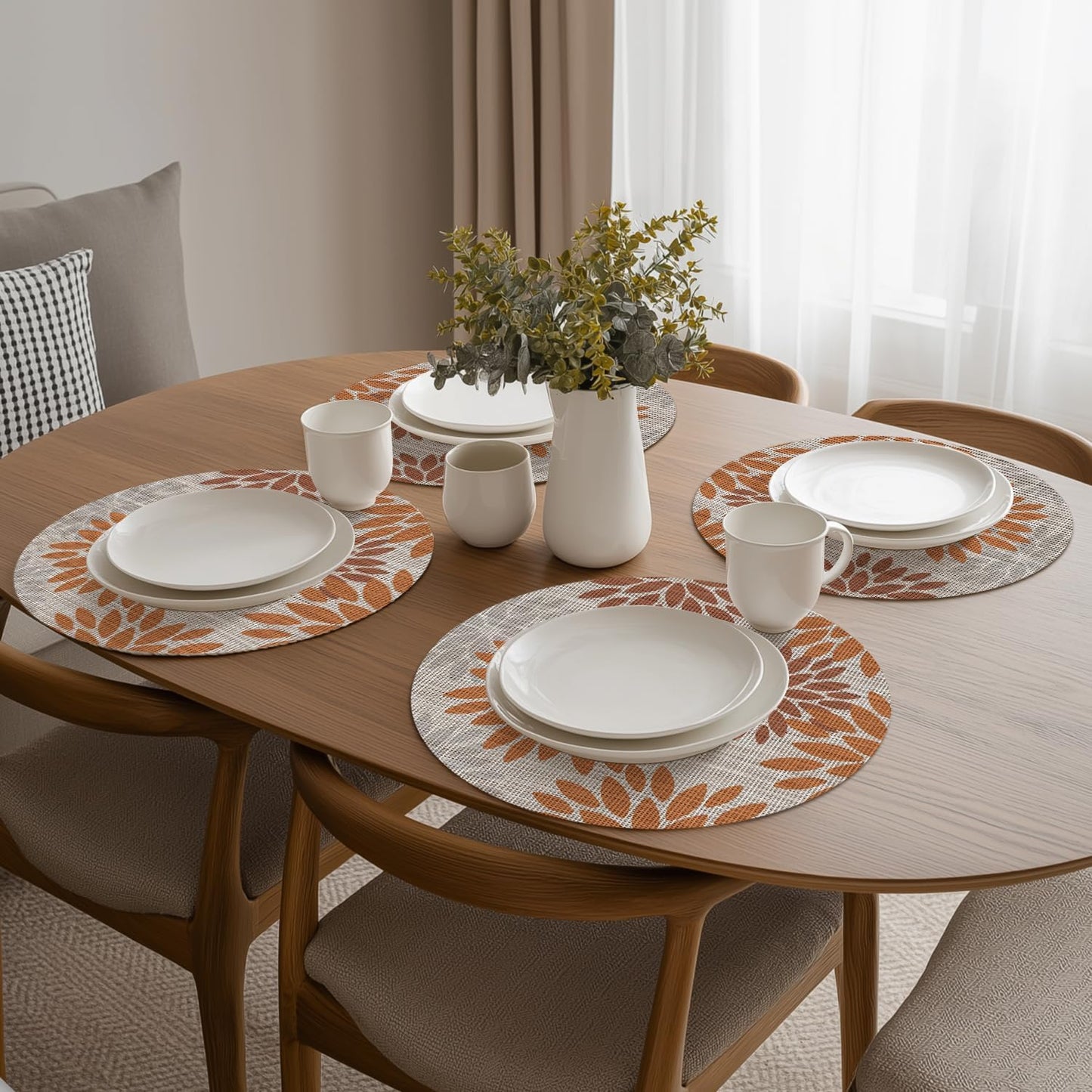 Artoid Mode Orange Dahlia Plastic Round Placemats Set of 4, 14 Inch Seasonal Wipeable Woven Vinyl Table Mats for Farmhouse Party Kitchen Dining Decor