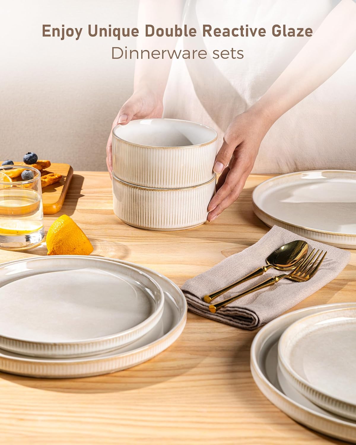 GBHOME Stoneware Dinnerware Sets for 4,Round Reactive Glaze Ceramic Plates and Bowls Set,Highly Scratch Resistant | Dishwasher & Microwave Safe Dishes Set,Service for 4(12Pcs)