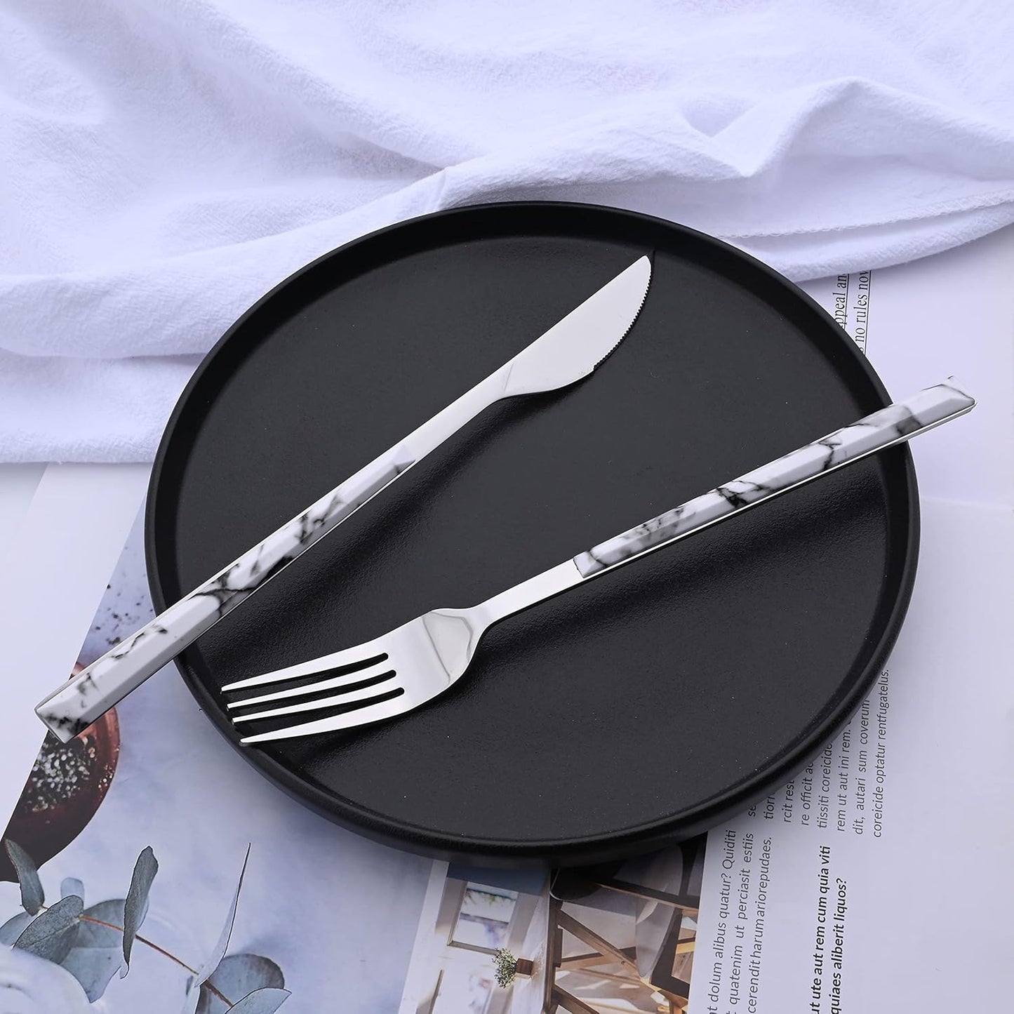 16-Piece Silverware Set with Dessert Fork, Stainless Steel Flatware Cutlery Set for 4, Mirror Finish Tableware Utensil Set, Marble Texture Handle, Include Knife Fork Spoon(White & Silver)