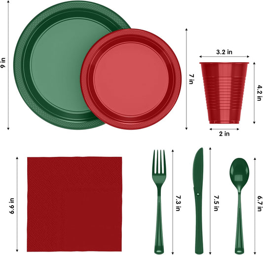 Party Solids 350 Pieces Red & Green Christmas Plastic Plates For Party, Christmas Disposable Plates Set, 50 Of Each 9" Dinner Plate Set, 7" Dessert Plate, Cups, Napkins & Cutlery Plastic Dinnerware