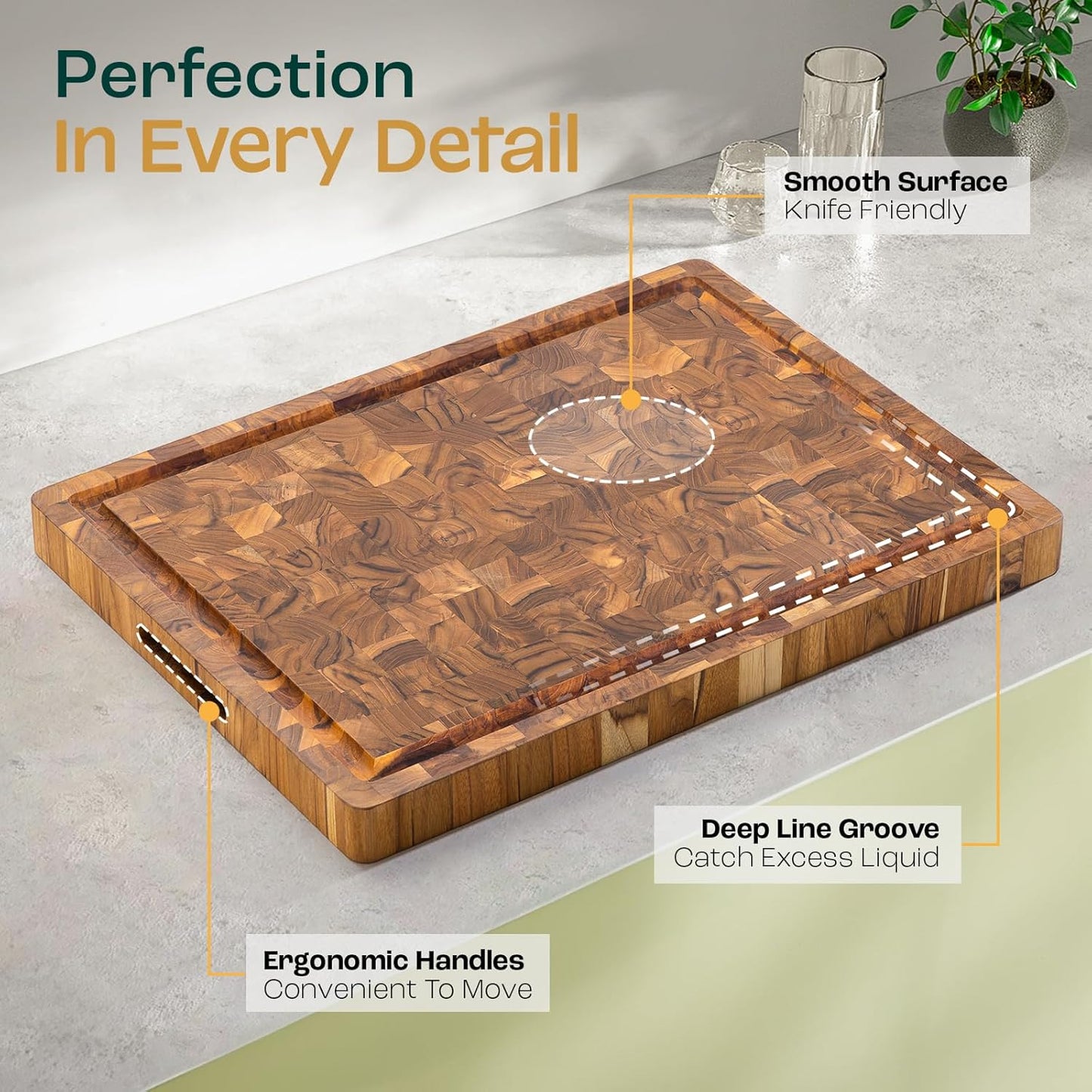 Yes4All Durable Teak Cutting Boards for Kitchen, [24''Lx18''Wx1.5” Thick] Extra Large End Grain Cutting Board, Pre Oiled Wood Cutting Boards, Thick Chopping Board w/Juice Grooves and Easy Grip Handle