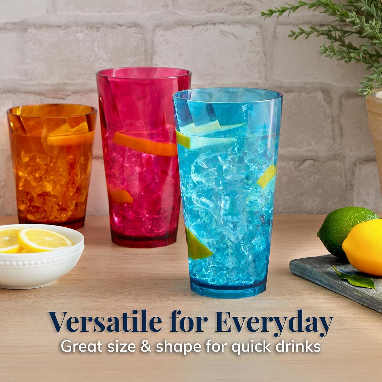 US Acrylic Optix Plastic Reusable Drinking Glasses (Set of 16) 14oz Rocks & 20oz Water Cups in Jewel Tone Colors | BPA-Free Tumblers, Made in USA | Top-Rack Dishwasher Safe